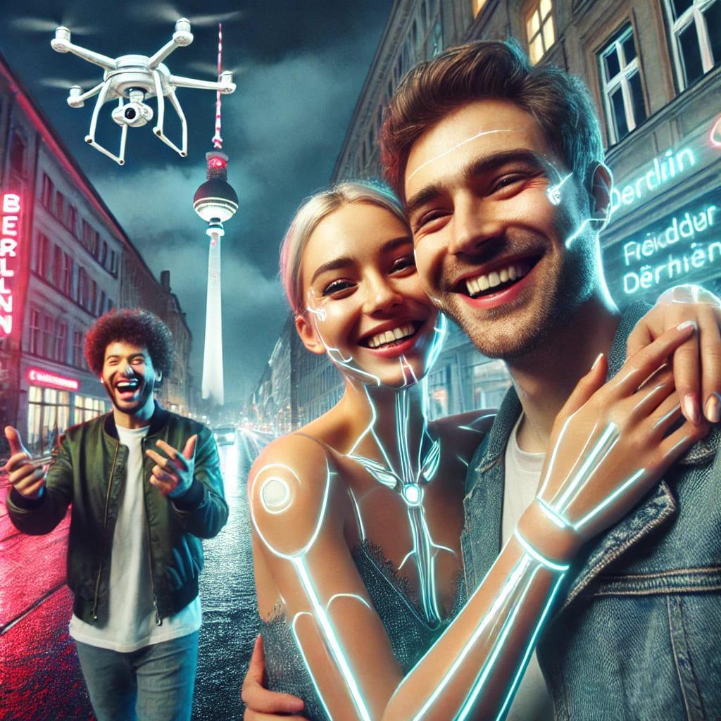 Kontakt 1 DALL%C2%B7E 2026 04 05 08.08.02 Photorealistic joyful cyberpunk selfie in Berlin featuring a mixed couple two women and one man in background diverse ethnicities expressing love